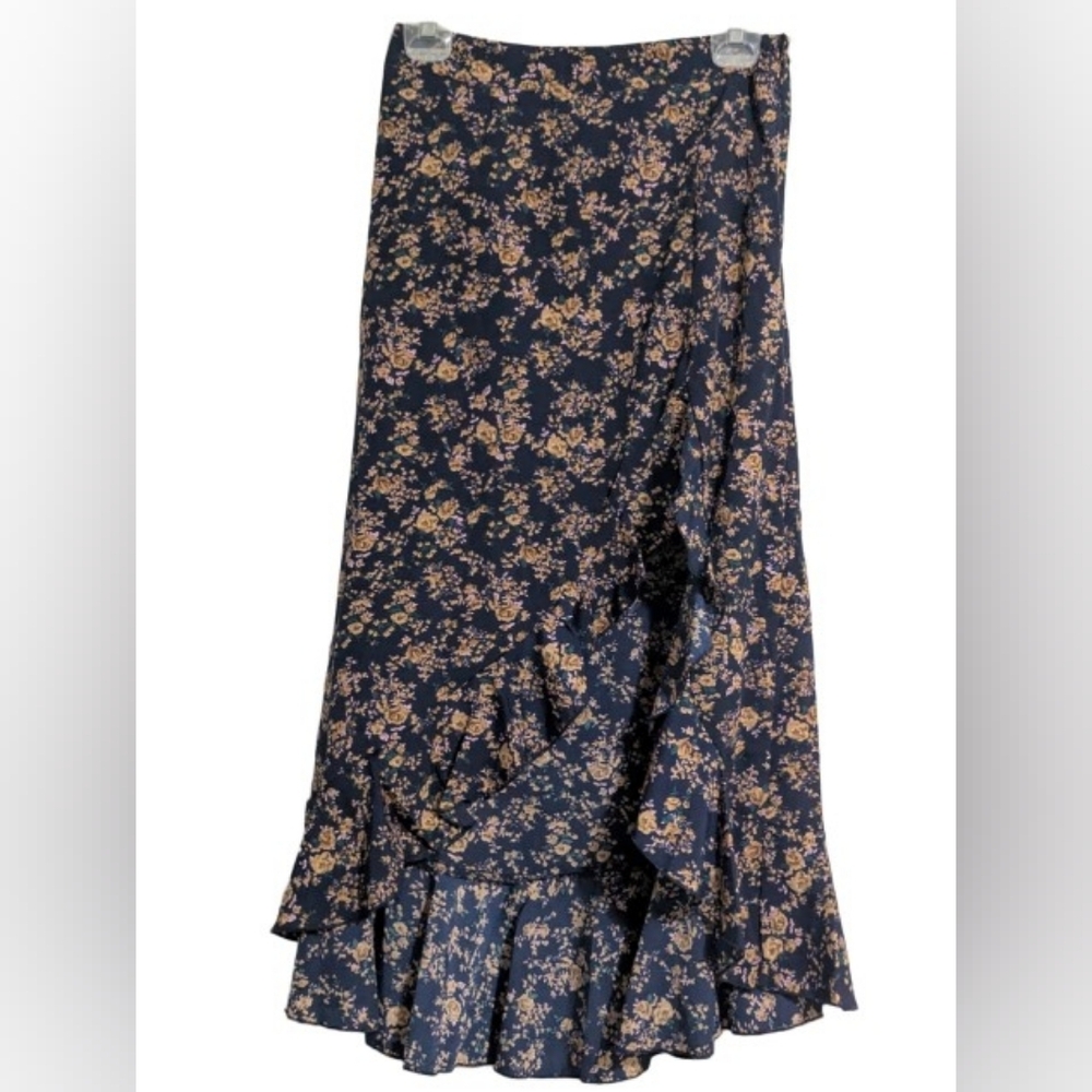 🚨3/$20! Navy Blue Floral Ruffle Maxi Skirt High Slit Faux Wrap Look Size M